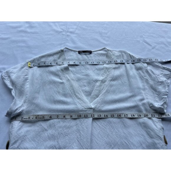 Zara Womens M White Linen Blend Top Relaxed Fit Side Buttons Lagenlook Classic - Picture 7 of 9